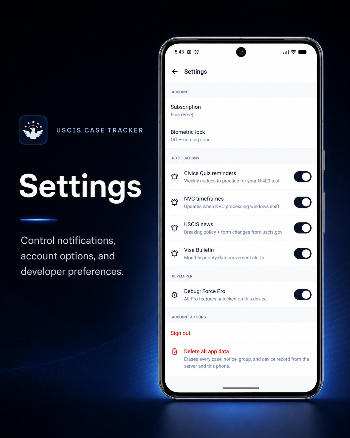 USCIS Case Tracker · Settings